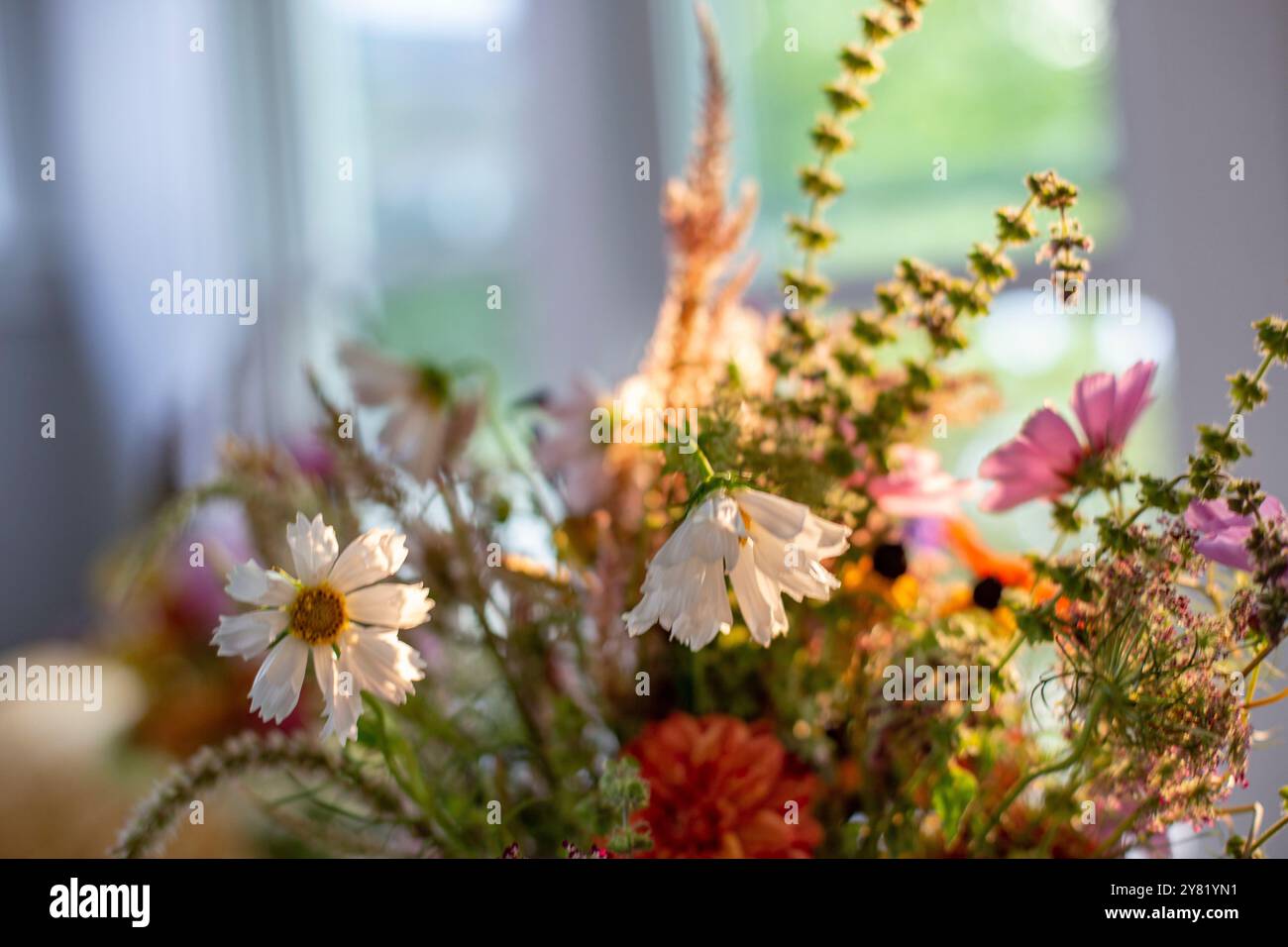 Un bouquet vibrant de fleurs fraîches avec un mélange de fleurs blanches, roses et orangées, affichées à l'intérieur avec un éclairage naturel doux. Banque D'Images