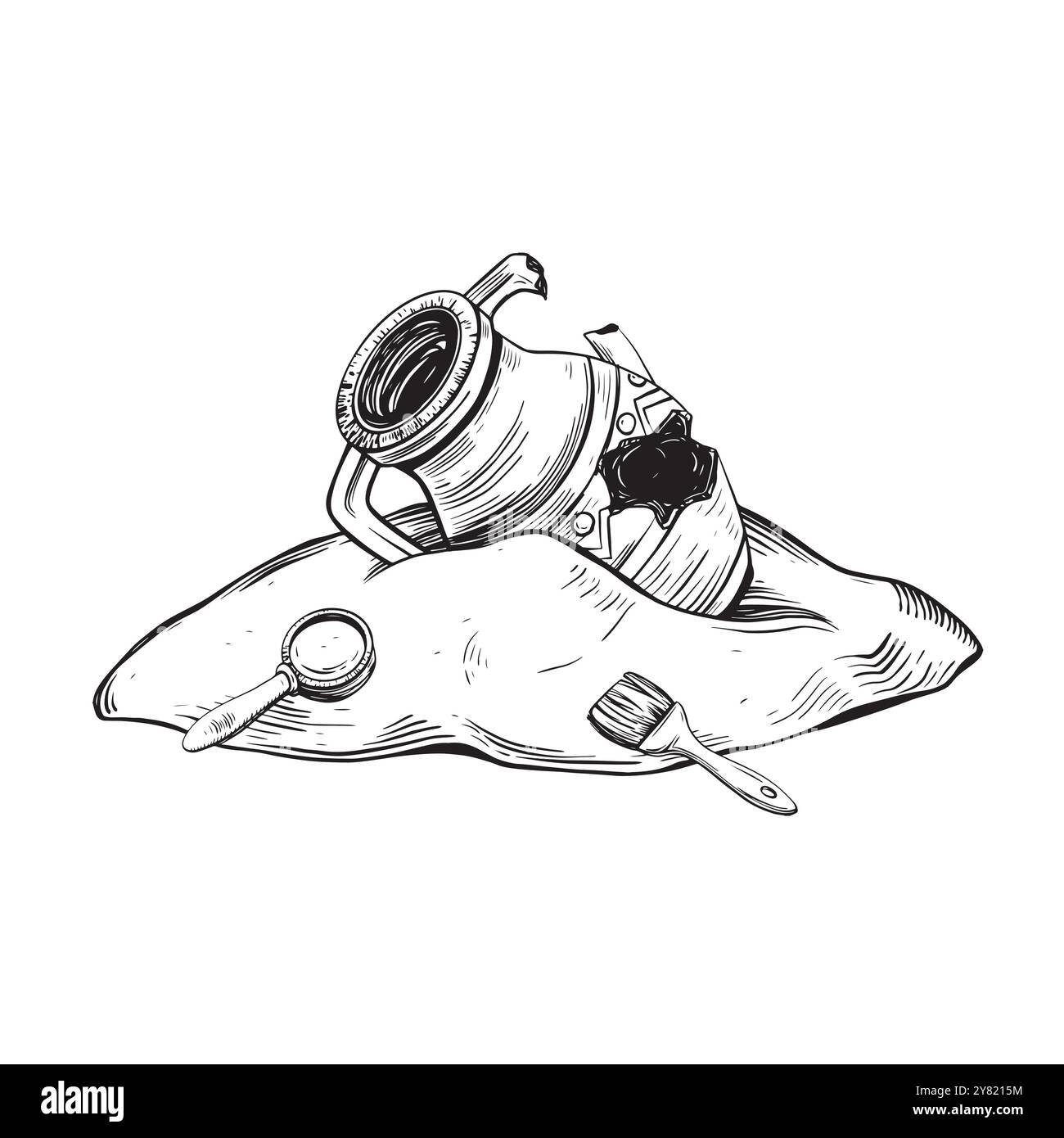 Archéologique trouver illustration vectorielle dans le style de dessin linéaire. Croquis dessiné à la main de la découverte de l'aventure ou du camping sur isolé Illustration de Vecteur