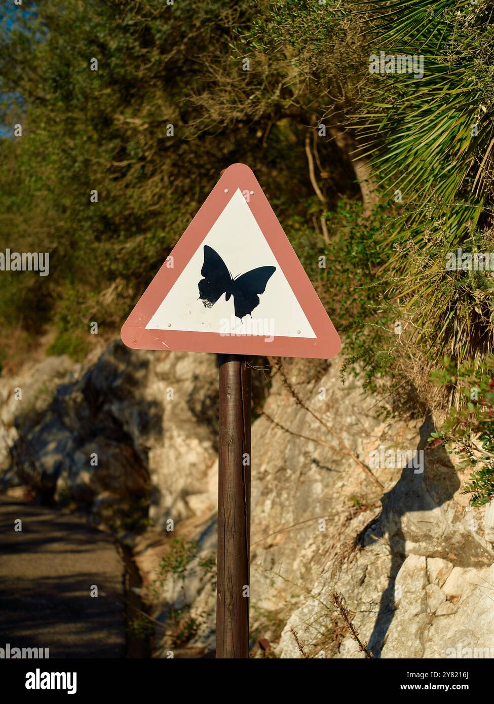 Panneau d'avertissement papillon sur un sentier rocheux entouré de verdure sous un ciel clair. Banque D'Images