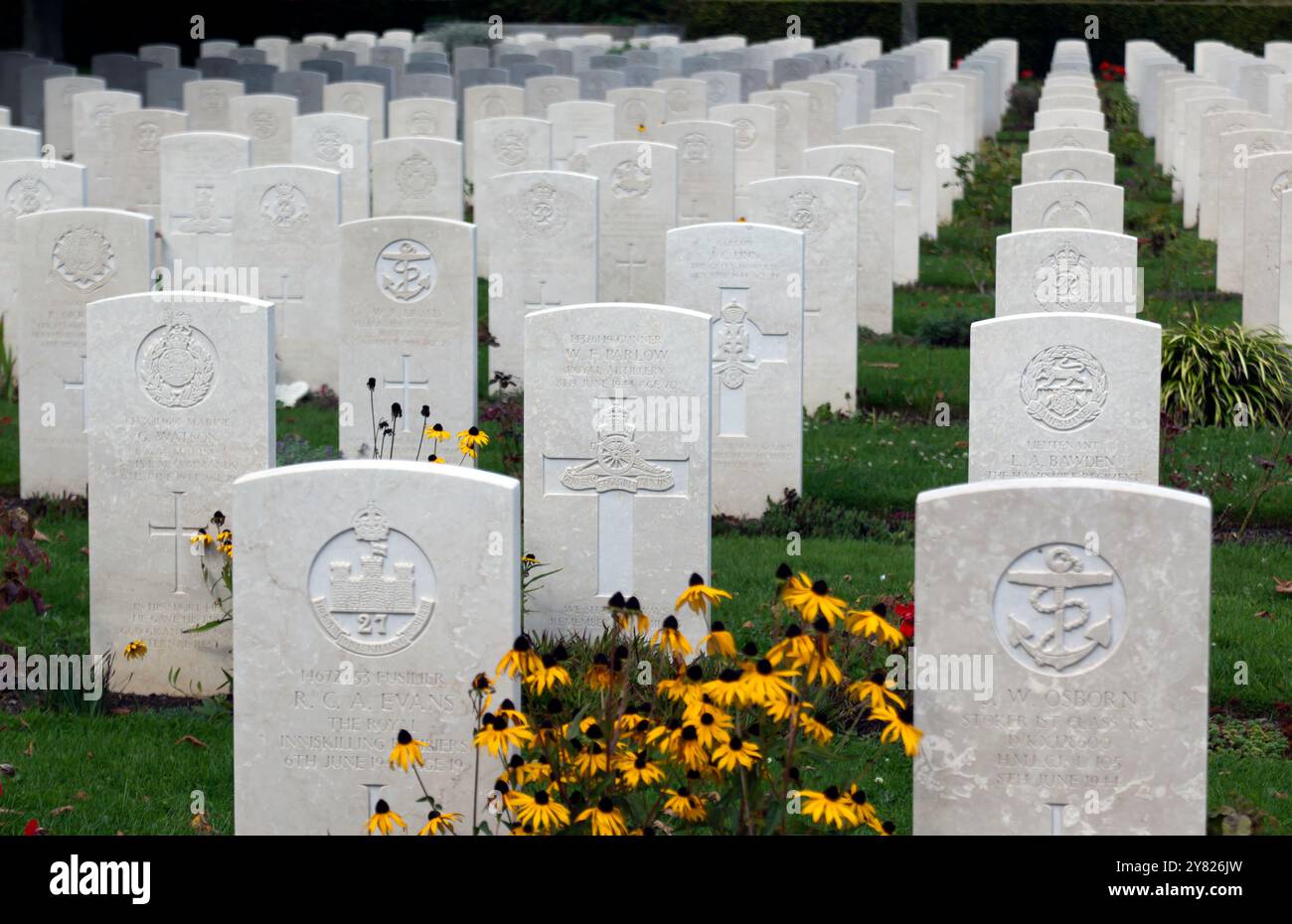 Tombes de soldats et de marins morts lors de la bataille de Normandie, au cimetière militaire de Bayeux sur le boulevard Fabian Ware, Bayeux, Normandie, France Banque D'Images