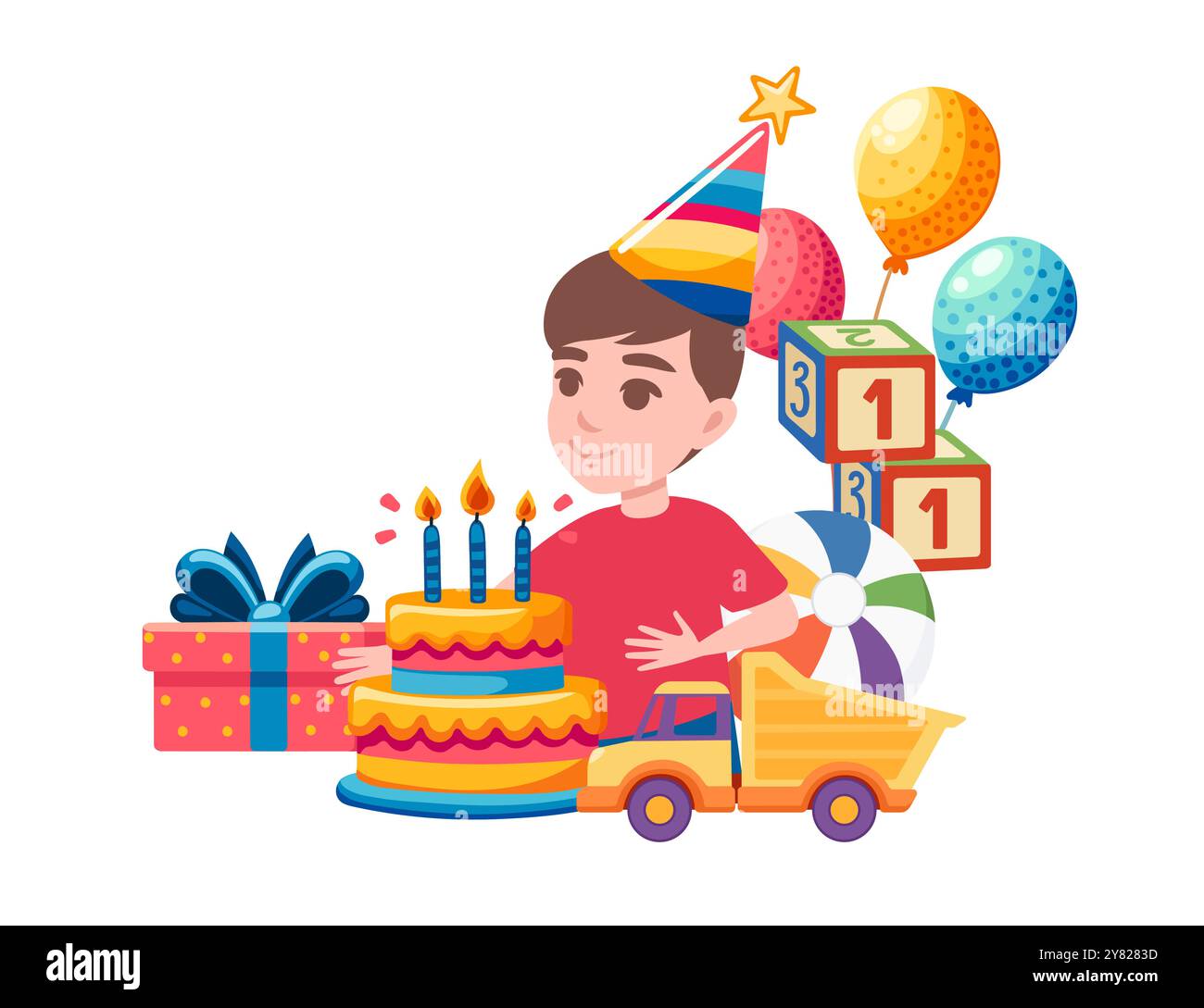 Célébration d'anniversaire avec un garçon soufflant des bougies sur un gâteau, entouré de cadeaux et d'un décor festif. Parfait pour les invitations de fête d'anniversaire Illustration de Vecteur