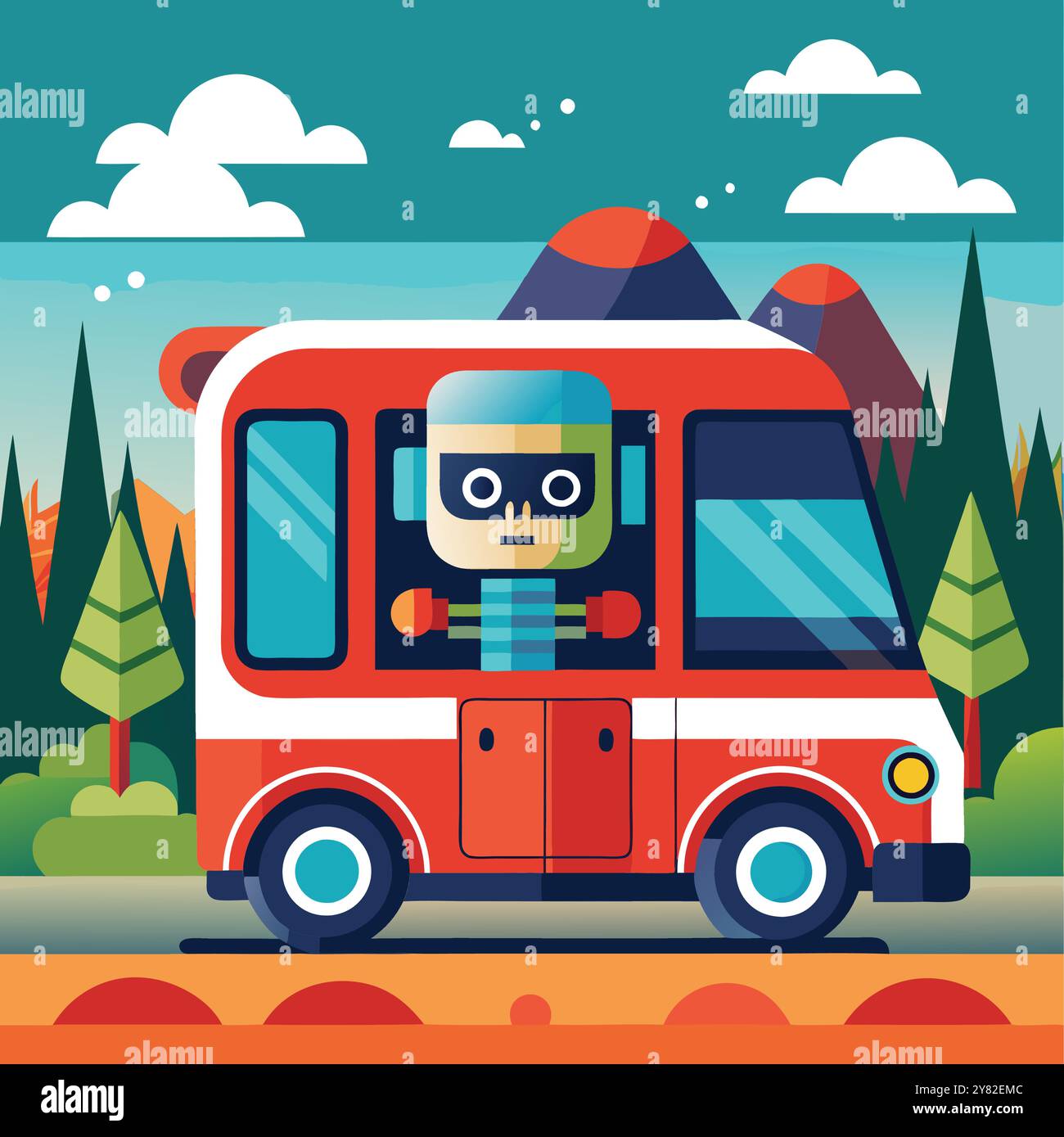 Un plaisir. illustration de style plat d'un robot conduisant une camionnette à travers un paysage. Parfait pour la technologie. transport. et des thèmes pour enfants. Illustration de Vecteur