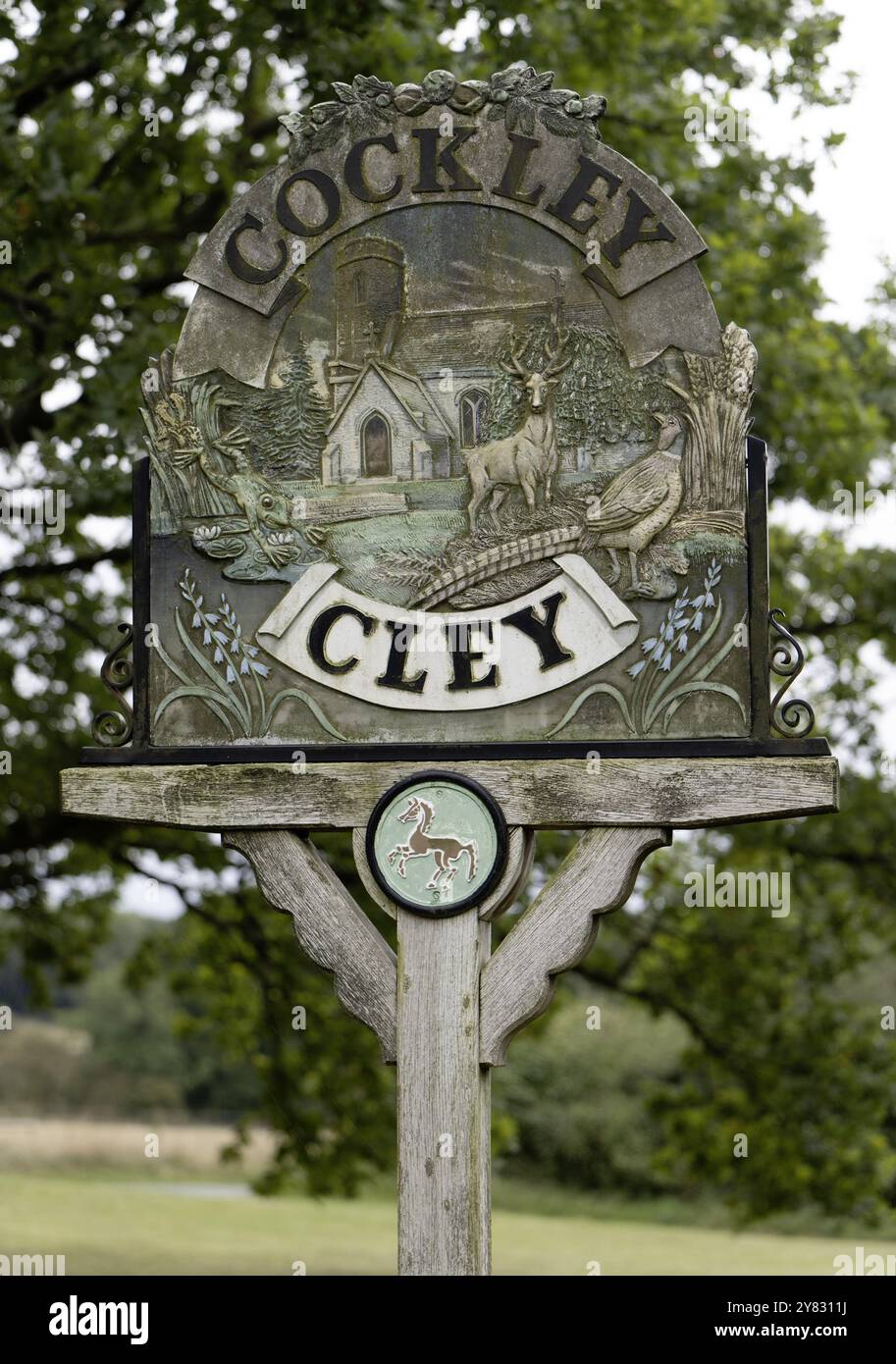 Panneau de nom de village à Cockley Cley, Norfolk, Angleterre, Royaume-Uni Banque D'Images