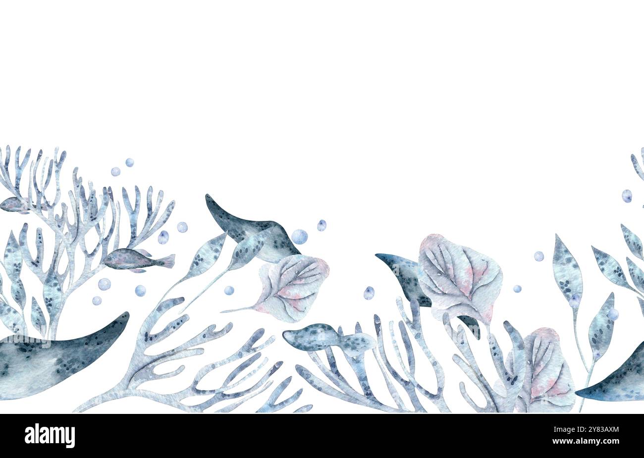 Sous-marin frontière sans couture aquarelle bleu monochrome avec corail, raie et plantes marines illustration isolée. Fonds marins avec des créatures en bleu poussiéreux Banque D'Images