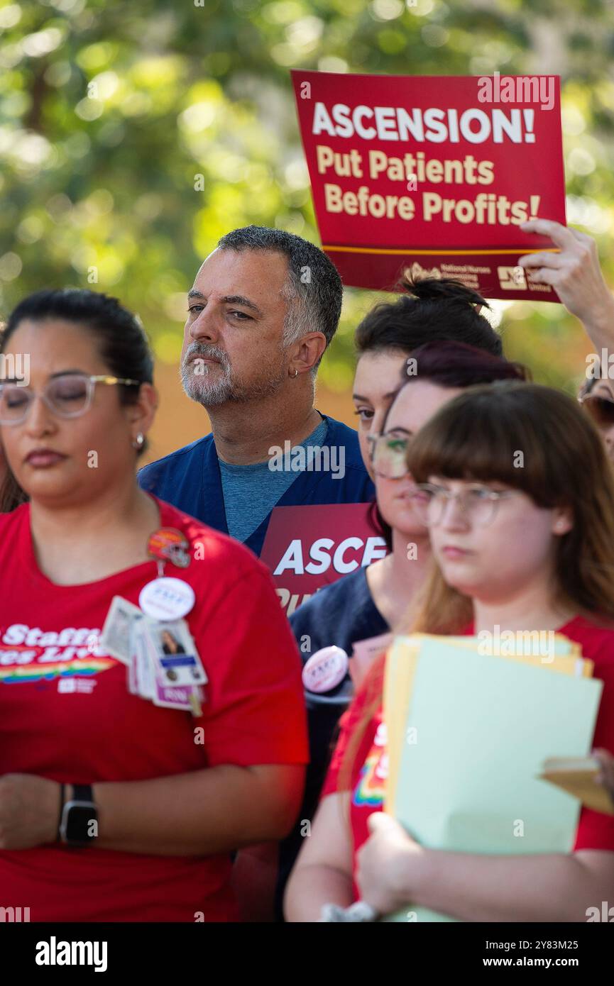 2 octobre 2024 : les infirmières autorisées du centre médical Ascension Seton mènent un rassemblement pour la sécurité des patients et dénoncent la pénurie chronique de personnel. Austin, Texas. Mario Cantu/CSM Banque D'Images