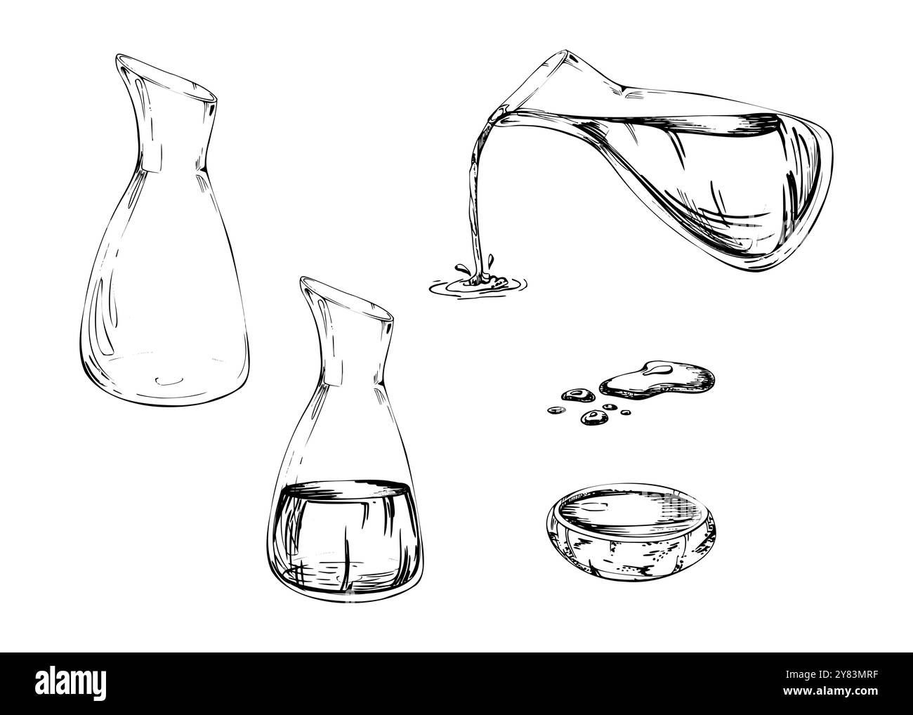 Pot en verre transparent pot bouteille vide, avec café à la sauce teriyaki soja, bol en céramique. Ensemble d'éléments dessinés à la main dans le stylo vectoriel et l'encre pour le mariage Illustration de Vecteur