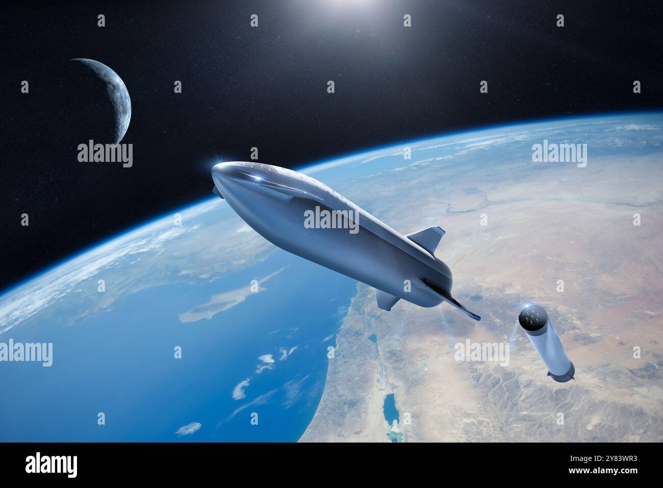 Le vaisseau étoile décolle en orbite terrestre basse avec la lumière du soleil. Éléments de cette image fournis par la NASA. Banque D'Images