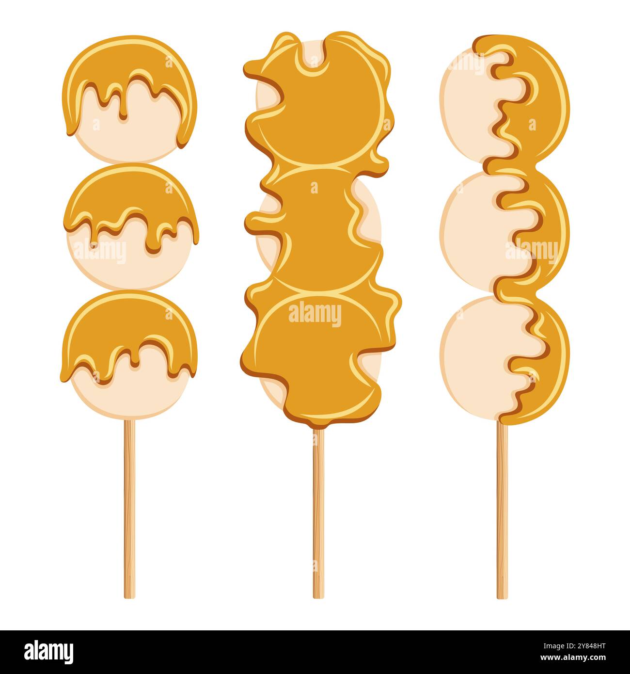 Ensemble d'illustration de couleur avec mochi dessert de riz japonais sur bâton avec sauce. Objet vectoriel isolé sur fond blanc. Illustration de Vecteur