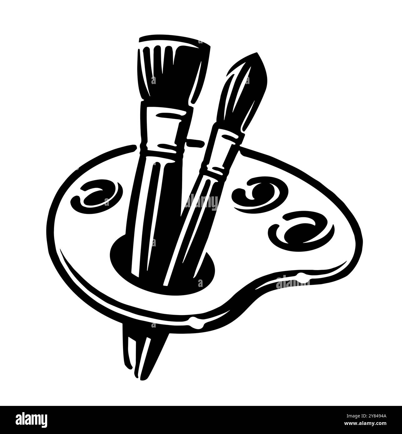 Palette artistique avec pinceaux et peintures. Emblème ou symbole de peinture d'art. Dessin vectoriel noir et blanc dessiné à la main Illustration de Vecteur