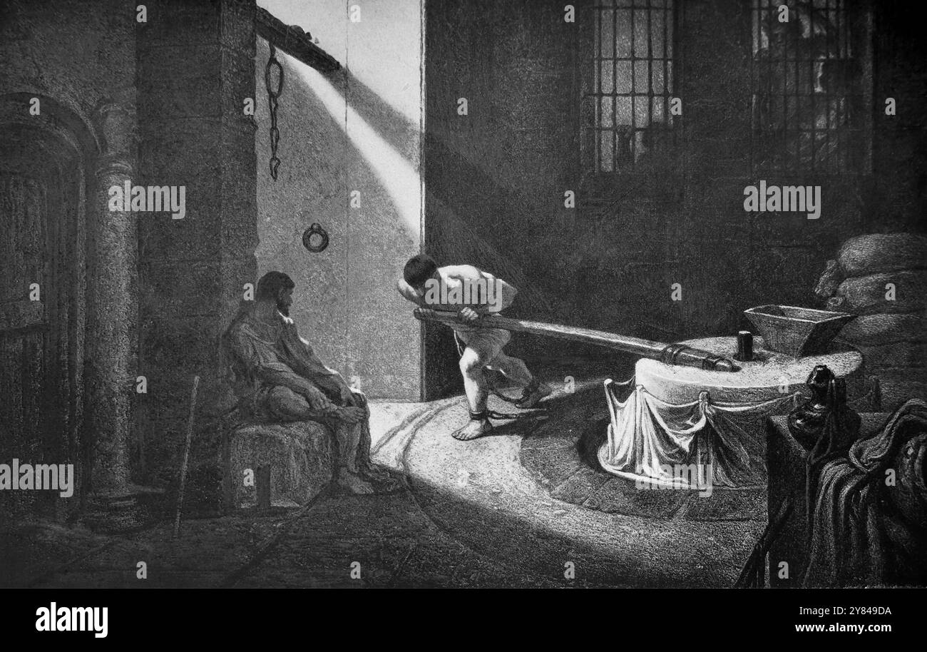 Samson Grinding dans la maison de prison après Deliah avait coupé ses cheveux de peinture par A. G Decamps dans l'édition de 1902 de la Bible de l'enfant imprimé Cassel Banque D'Images