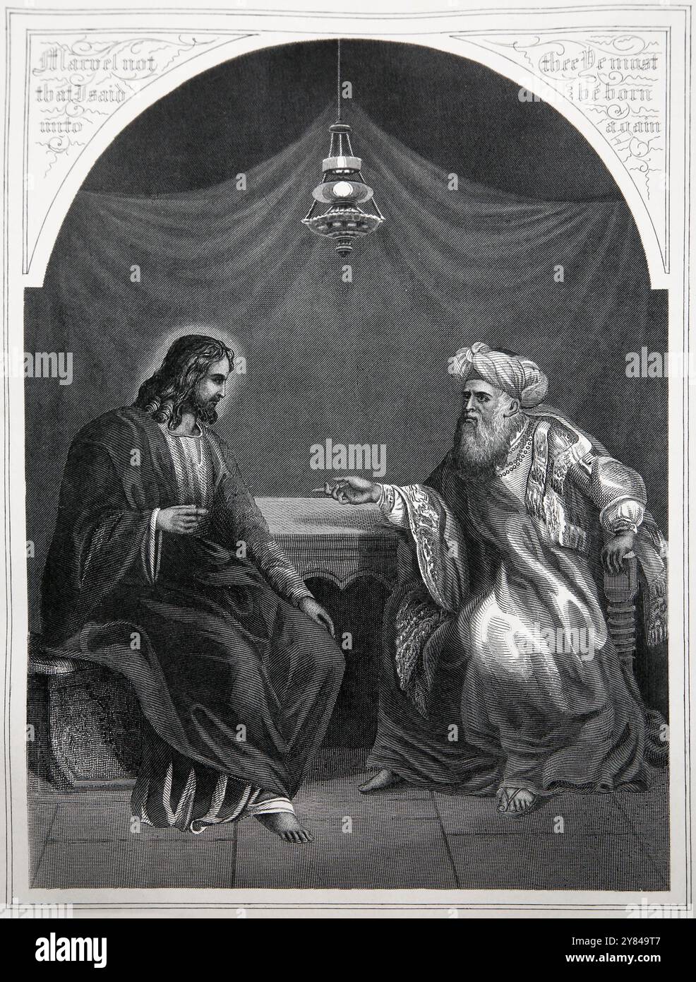 Gravure de Nicodème visitant Jésus-Christ la nuit (Évangile) dans l'édition antique 1776 de la Bible familiale illustrée nationale la Sainte Bible avec C. Banque D'Images