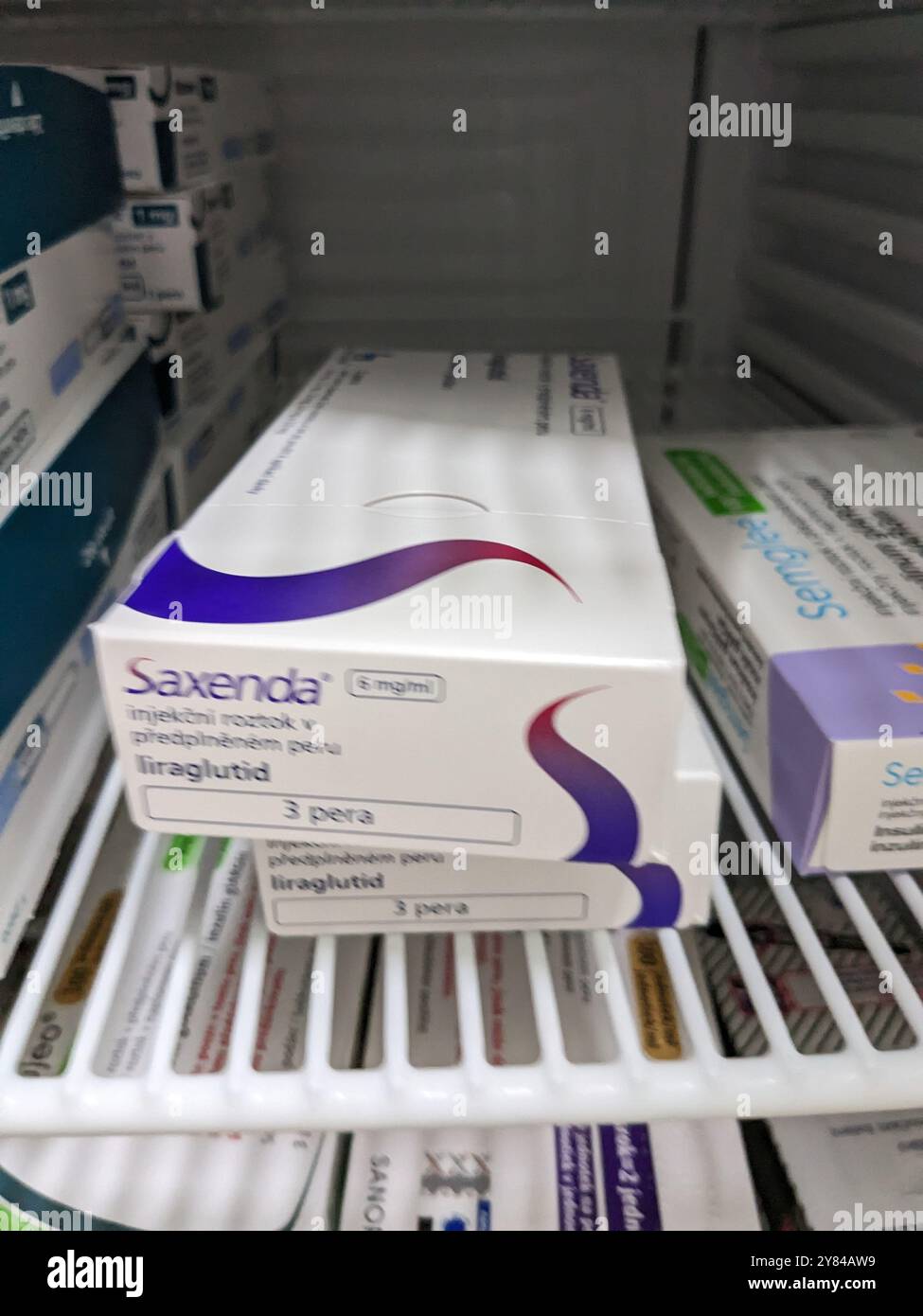SAXENDA boîte de médicament avec LIRAGLUTIDE substance active de NOVO NORDISK, utilisé pour la perte de poids et la gestion du diabète. Banque D'Images