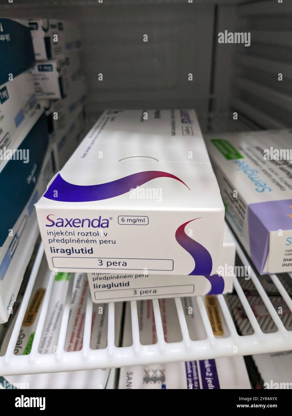 SAXENDA boîte de médicament avec LIRAGLUTIDE substance active de NOVO NORDISK, utilisé pour la perte de poids et la gestion du diabète. Banque D'Images