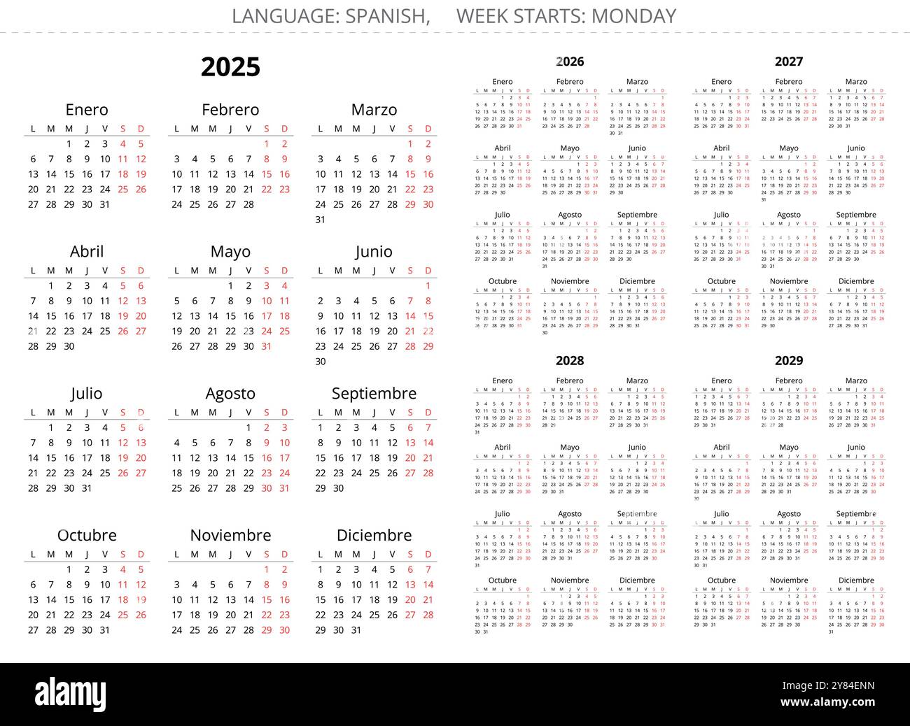 calendriers annuels espagnols verticaux 2025, 2026, 2027, 2028, 2029. Ensemble d'illustrations vectorielles imprimables pour l'Espagne - Calendario Illustration de Vecteur