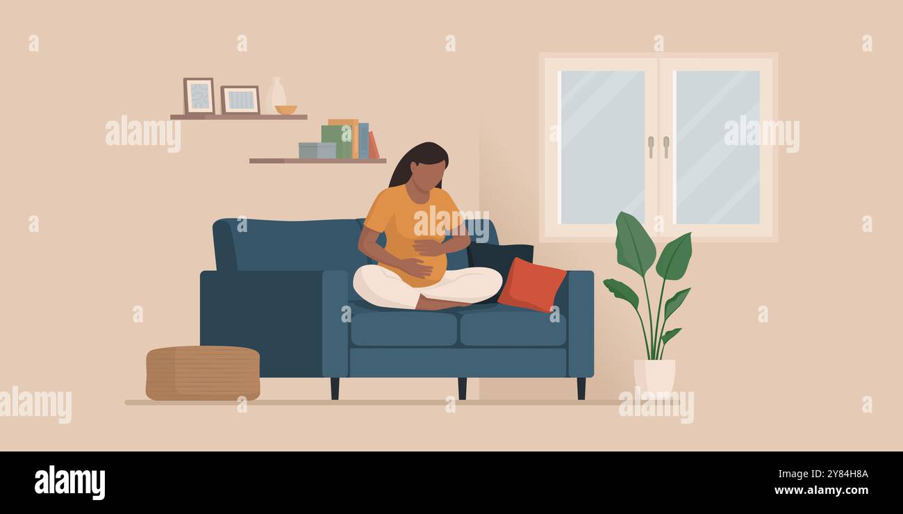 Femme enceinte assise sur le canapé à la maison et touchant son ventre, grossesse et concept de soins de santé Illustration de Vecteur