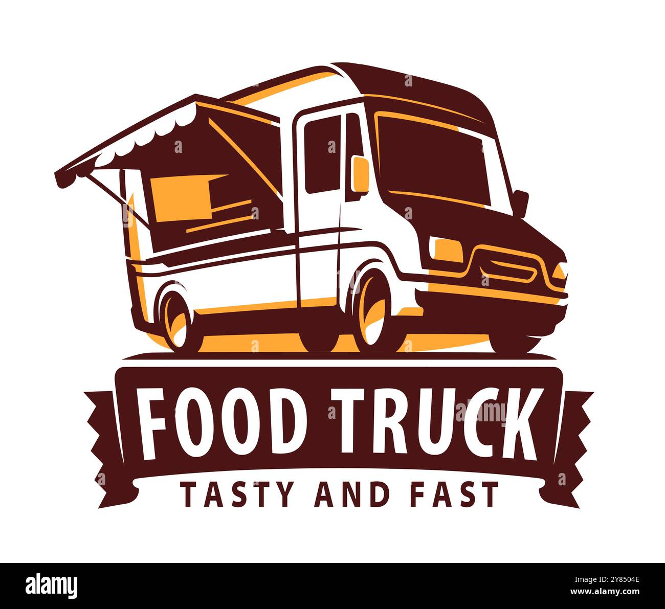 Emblème ou logo de camion alimentaire. Restaurant, diner Street service symbole. Illustration vectorielle Illustration de Vecteur