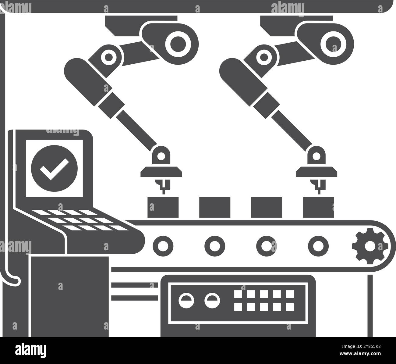 Icône noire d'automatisation de fabrication. Bras robotisés industriels sur convoyeur Illustration de Vecteur