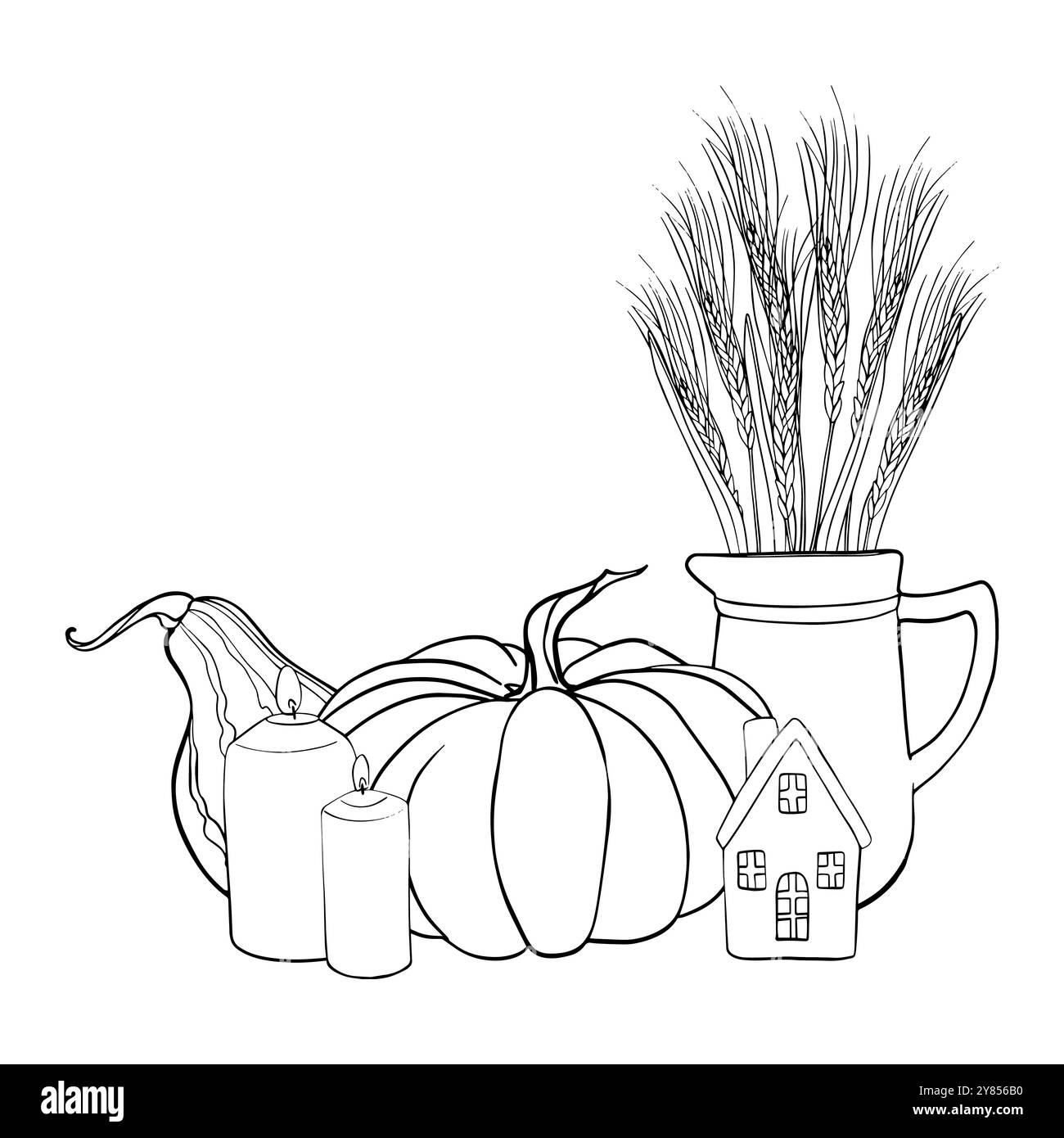 Croquis linéaire d'une composition de citrouille et d'épis de blé dans la cruche. Légumes d'illustration d'automne peints à l'encre noire. Tracé linéaire de contour Illustration de Vecteur