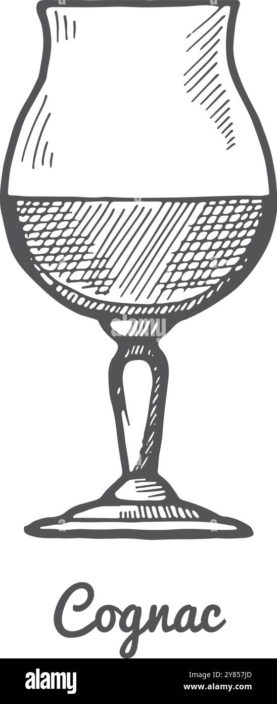 Croquis en verre de cognac. Icône de verrerie en cristal transparent Illustration de Vecteur