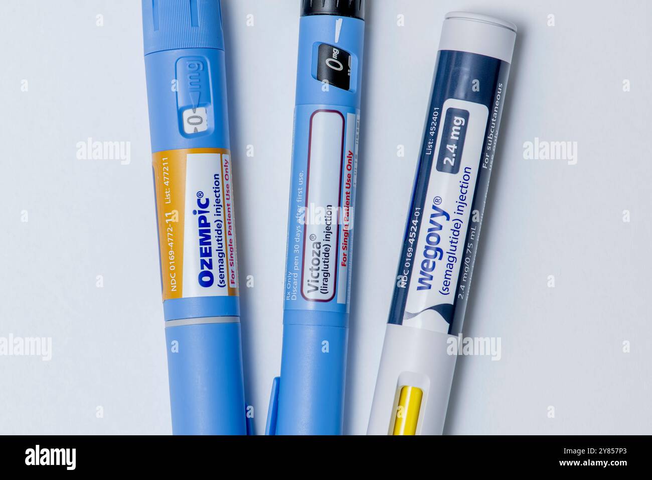Nature morte des trois grands médicaments injectables de perte de poids de prescription. Ozempic, Victoza et Wegovy. Banque D'Images