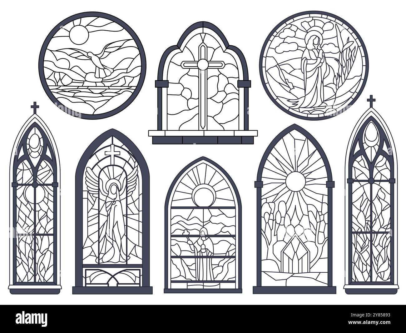 Vitraux. Église charpentes catholiques et chrétiennes, architecture arquée, éléments de mosaïque religieuse ronds et pointus, gothique Illustration de Vecteur
