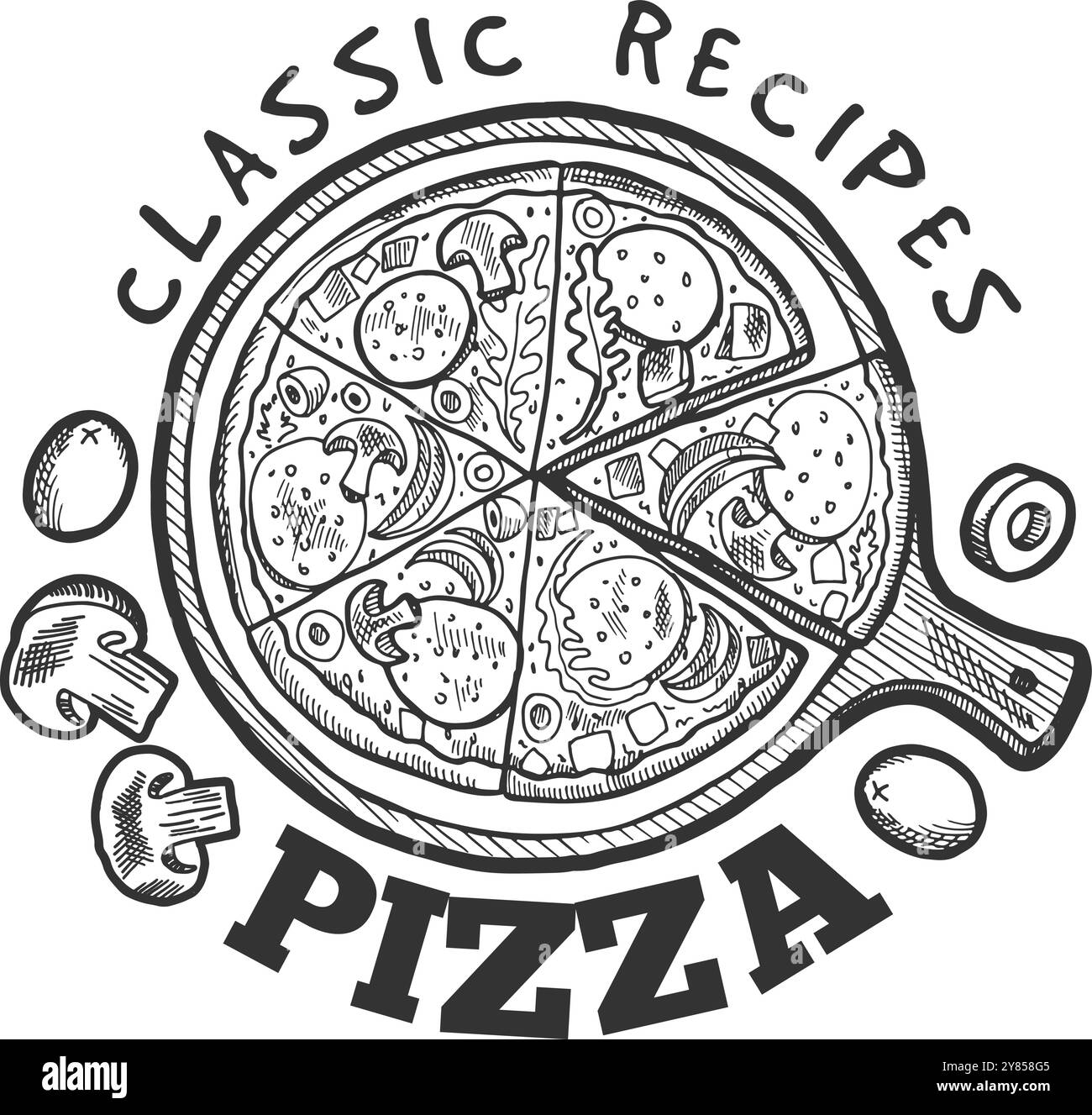 Recettes de pizza italienne classique café logo noir Illustration de Vecteur