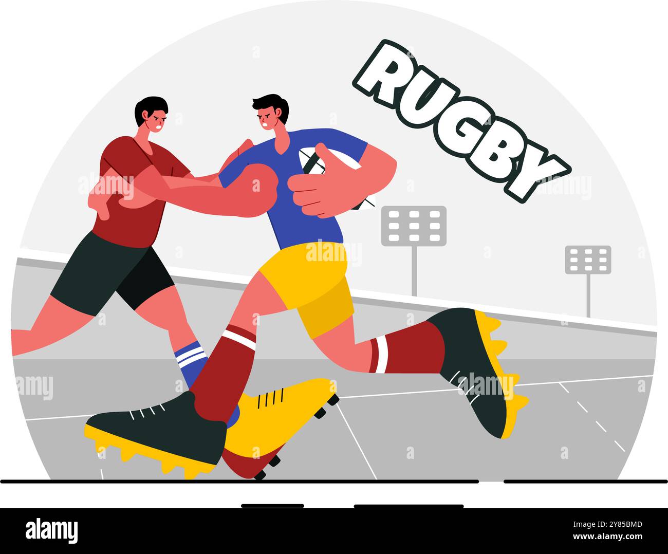 Joueur de rugby courir et attraper l'illustration vectorielle de balle dans un sport de championnat ou un tournoi dans un stade avec un fond de dessin animé de style plat Illustration de Vecteur