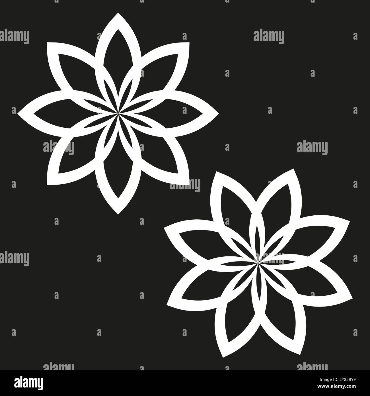 Formes abstraites florales. Motif fleuri géométrique. Pétales blancs symétriques. Contraste d'arrière-plan noir. Illustration de Vecteur