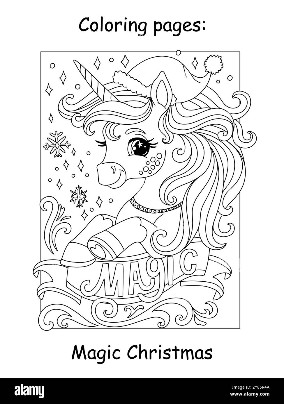 Enfants de Noël coloriage avec mignonne licorne heureuse avec dans le chapeau de Père Noël. Lettrage magique. Illustration monochrome de dessin animé vectoriel. Page de livre de coloriage pour chi Illustration de Vecteur