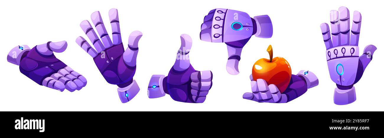 Main de robot Android dans différents gestes et positions - onduler et étirer pour donner de l'aide, le pouce vers le haut et vers le bas, tenant la pomme rouge. Ensemble de vecteur de dessin animé du bras de bot humanoïde d'intelligence artificielle. Illustration de Vecteur