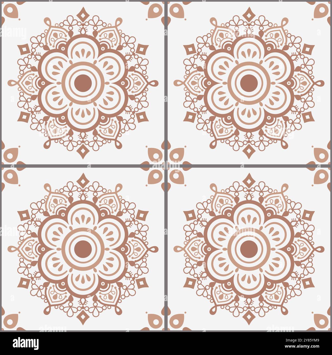 Conception de carreaux indiens avec mandala et fleurs en brun sur fond blanc - motif de carreaux répétitif vecteur Illustration de Vecteur