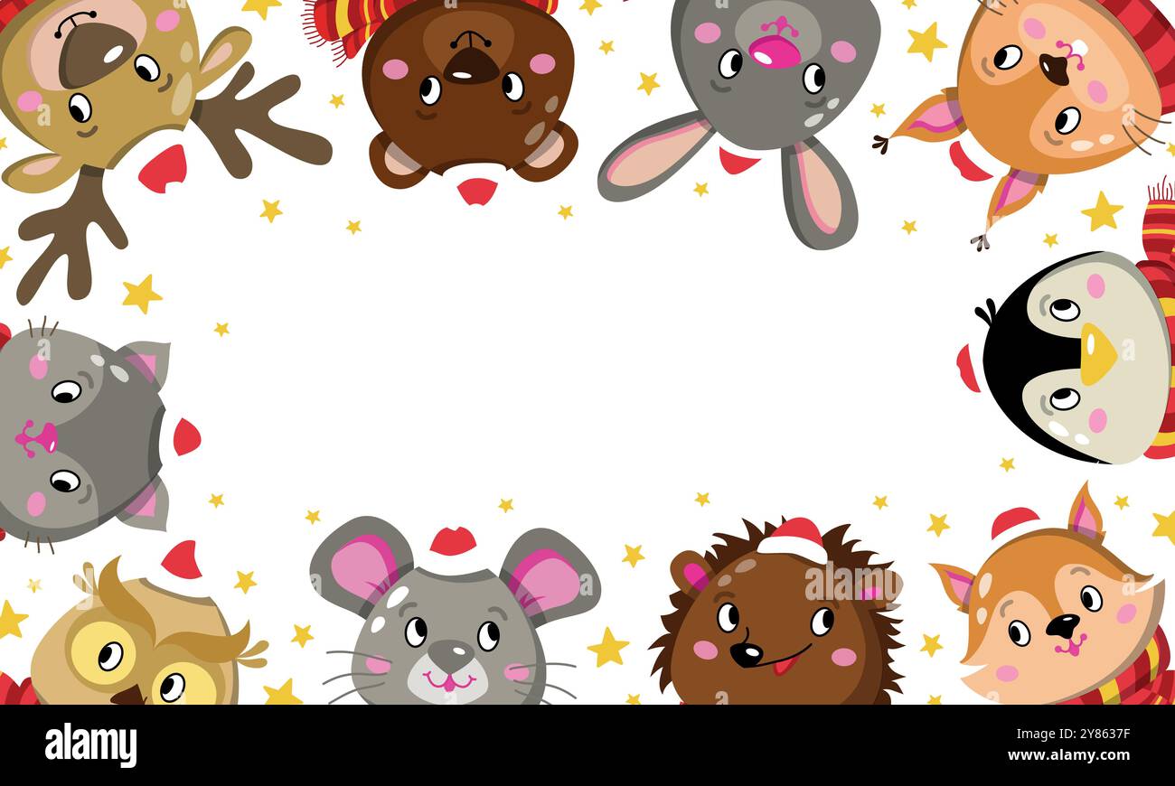 Enfants affiches mignonnes animaux. Cadre de Noël avec personnages pingouin, lièvre, hibou, cerf, écureuil et souris. Modèle pour votre conception. Illustration de Vecteur