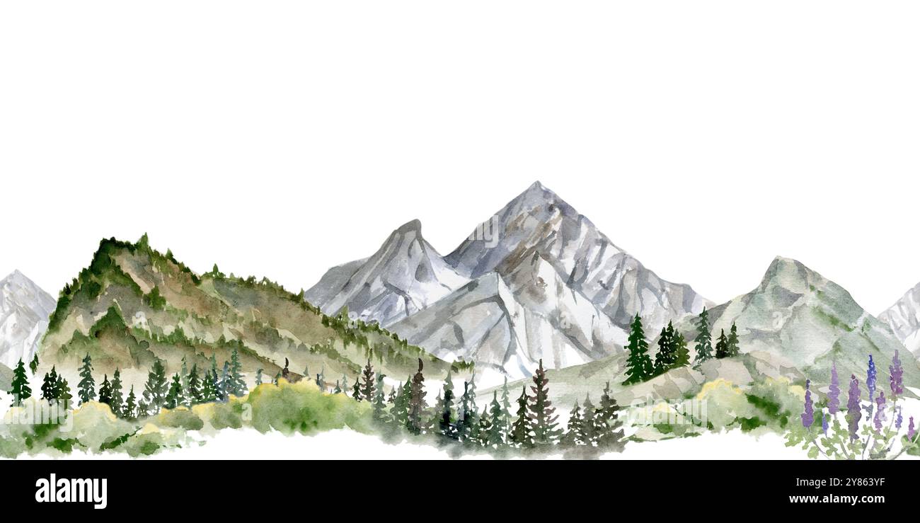 Paysage de montagne de pics enneigés, rochers falaises rochers alpins vista, forêt de conifères dessinés à la main à l'aquarelle. Bannière transparente. Pour Banque D'Images