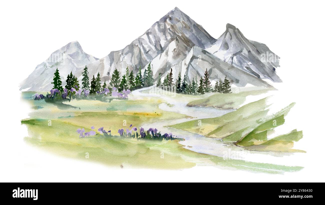 Paysage de paysages de montagnes, forêt de conifères, ruisseau de champs de rivière pâturage terre alpine vista dessiné à la main à l'aquarelle. Illustration pour Banque D'Images