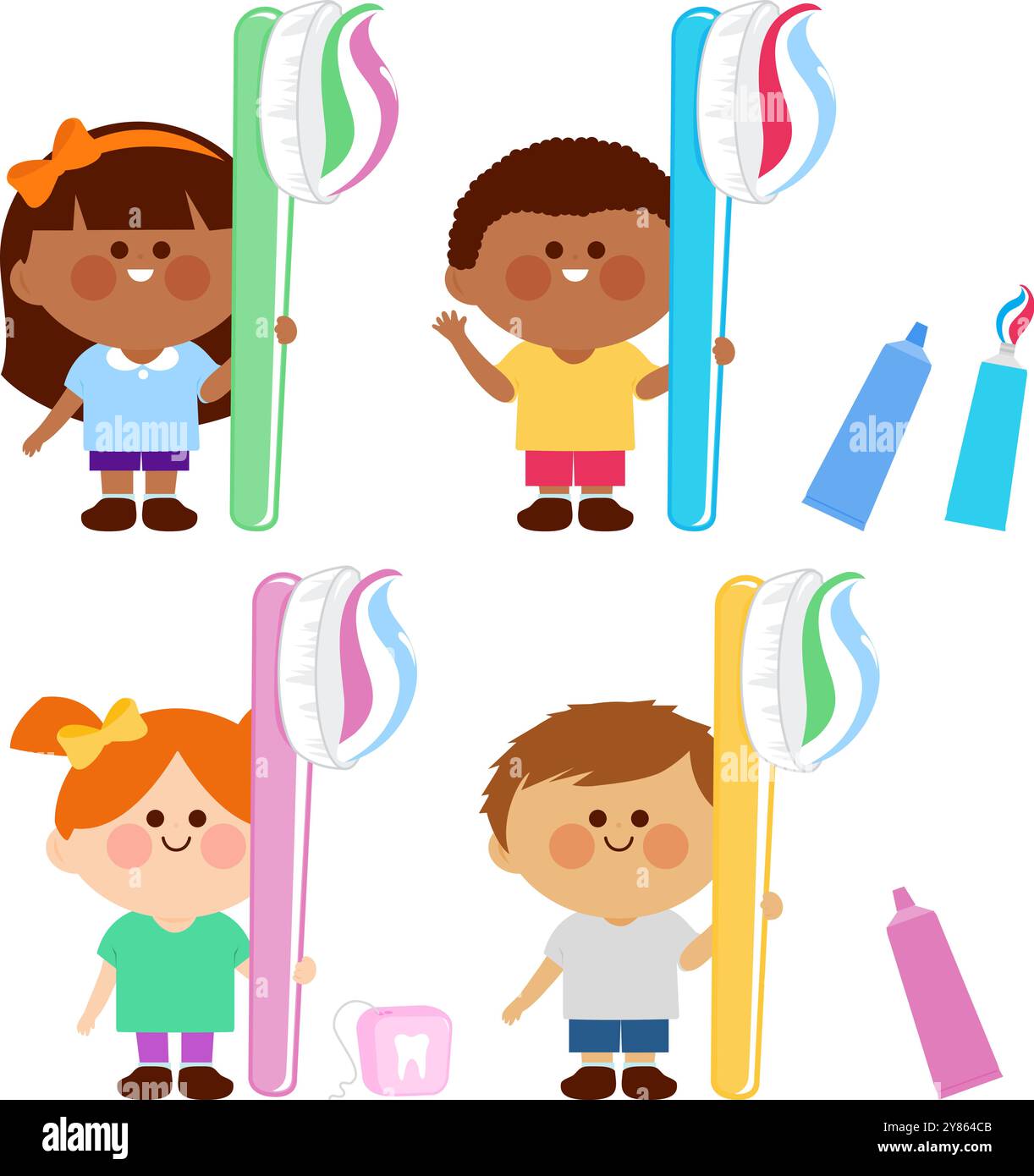 Enfants utilisant une brosse à dents avec dentifrice. L'hygiène dentaire pour les enfants heureux. Garçon et fille au dentiste se brossant les dents. Soins bucco-dentaires. Image vectorielle Illustration de Vecteur