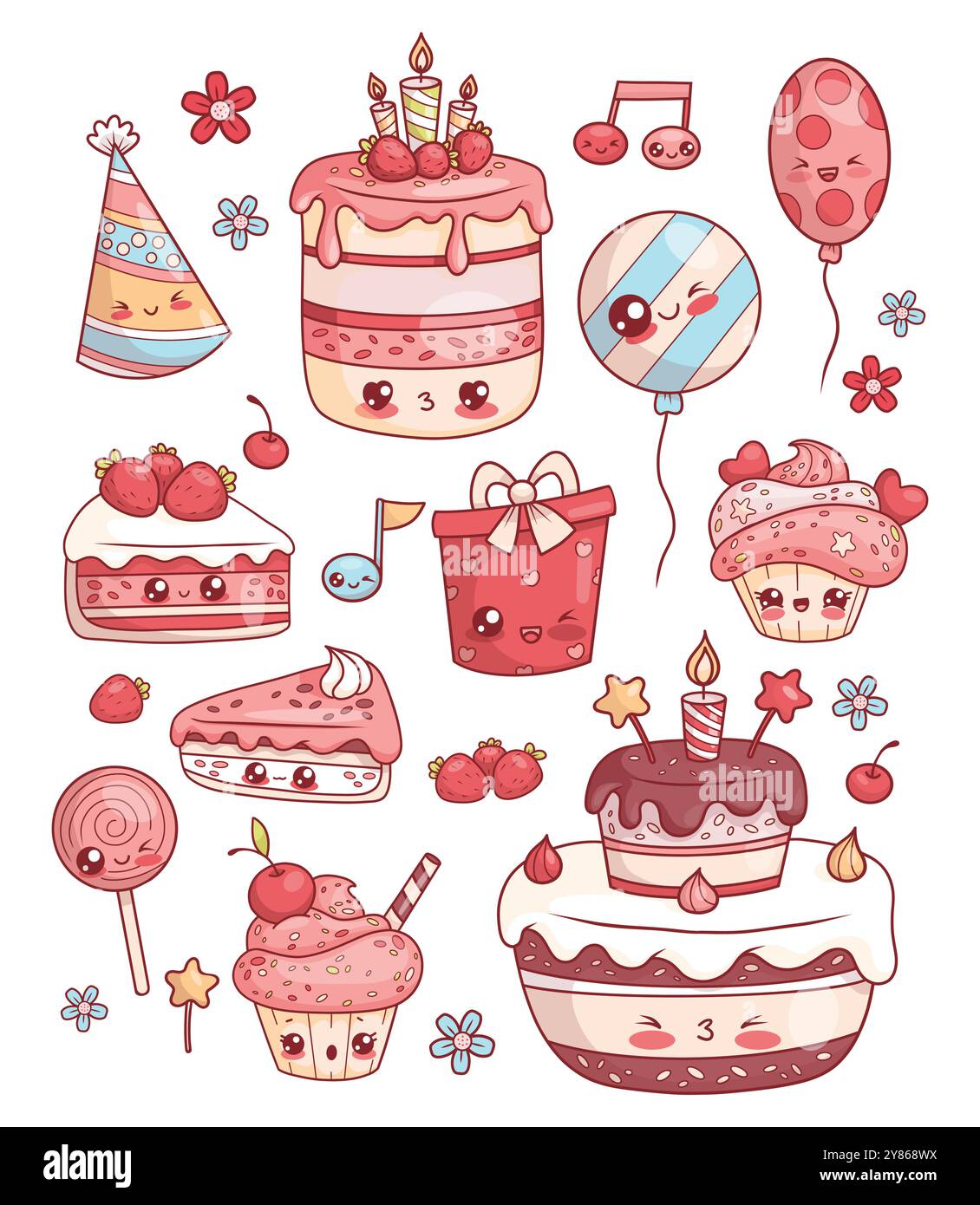 Ensemble sucré des fêtes. Nourriture isolée de personnages de dessins animés kawaii. Gâteau d'anniversaire festif avec des bougies et des fraises, cupcakes, chapeau d'anniversaire et Illustration de Vecteur