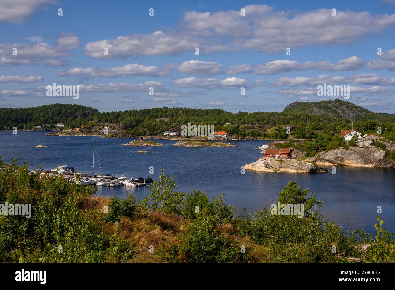 Îles au soleil : paysage boisé typique avec des skerries et des maisons d'été idylliques vues de l'île de Skåtøy. Archipel de Kragerø, Telemark, Norvège. Banque D'Images