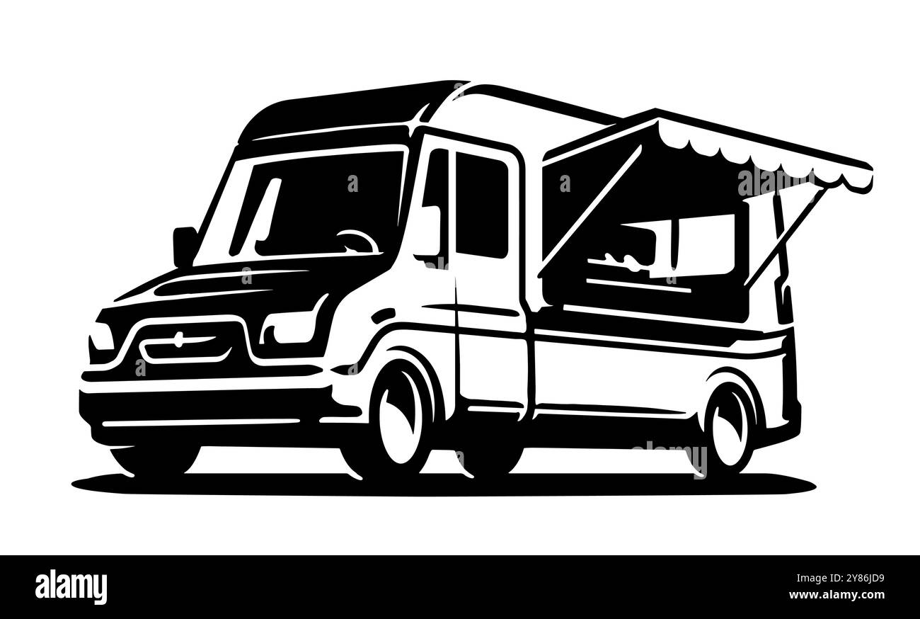 Camion de nourriture de rue. Wagon de restaurant ou de café. Dessin noir et blanc dessiné à la main Illustration de Vecteur