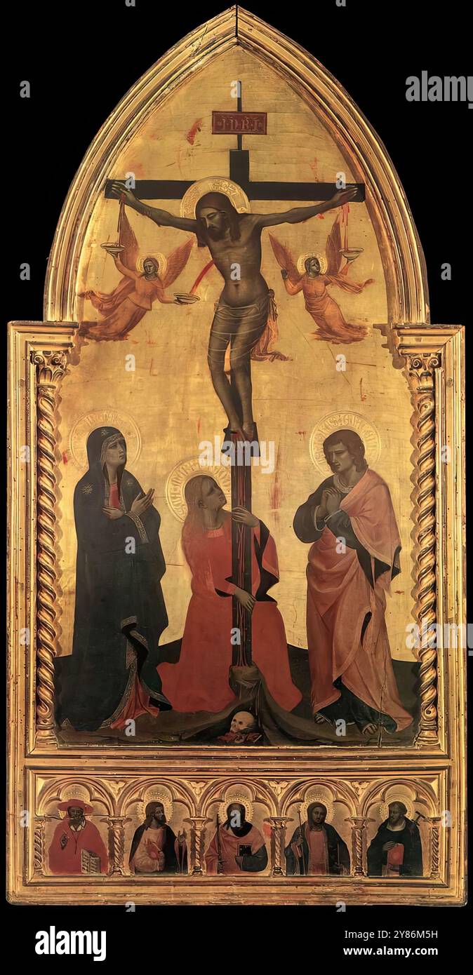NARDO di CIONE (actif 1343-66 à Florence) Crucifixion 1350-60 Tempera sur bois, 145 x 71 cm Galleria degli Uffizi, Florence C'est l'une des œuvres les plus importantes produites à Florence vers le milieu du XIVe siècle. Il était probablement le panneau central d'un tabernacle et dans la prédelle contient des figures de demi-longueur de divers saints : Saint Jérôme, Jacques le moins, Saint Paul, Jacques le Grand et Saint Pierre le Martyr. Les élégantes colonnes torsadées ont été restaurées sur la base des colonnes authentiques. --- mots-clés : ------------- Auteur : NARDO di CIONE titre Banque D'Images