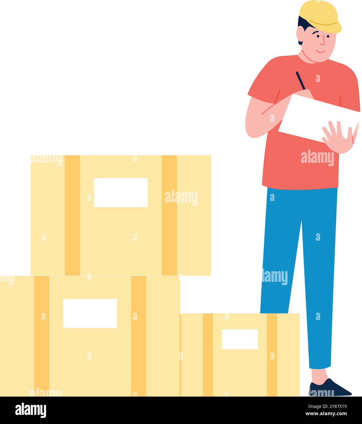 Livreur ou ouvrier d'entrepôt avec des colis et des boîtes d'expédition Illustration de Vecteur