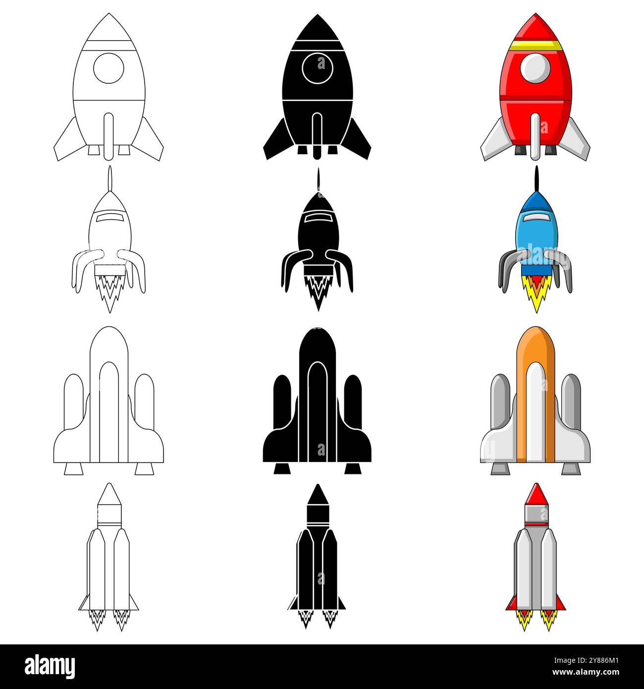 Ensemble de fusées ou vaisseaux spatiaux en noir et blanc Silhouette avec un contour blanc et de couleur isolé sur un fond blanc Illustration de Vecteur