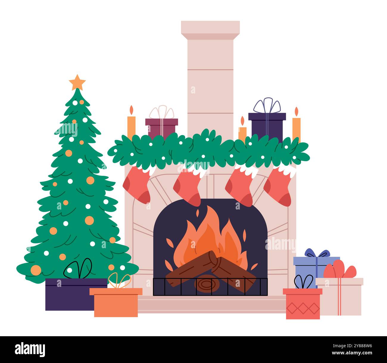 Cheminée de Noël avec un arbre et des cadeaux. Illustration vectorielle de dessin animé de l'intérieur confortable de la maison avec arbre de Noël décoré avec des jouets et guirlande, boîtes-cadeaux Illustration de Vecteur