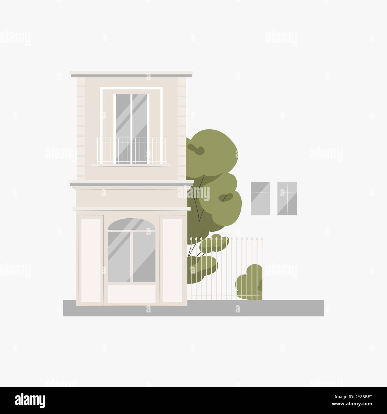 Maison de deux étages avec un arbre en illustration vectorielle plate symbolisant l'architecture résidentielle urbaine et l'aménagement paysager, isolé sur fond blanc. Illustration de Vecteur