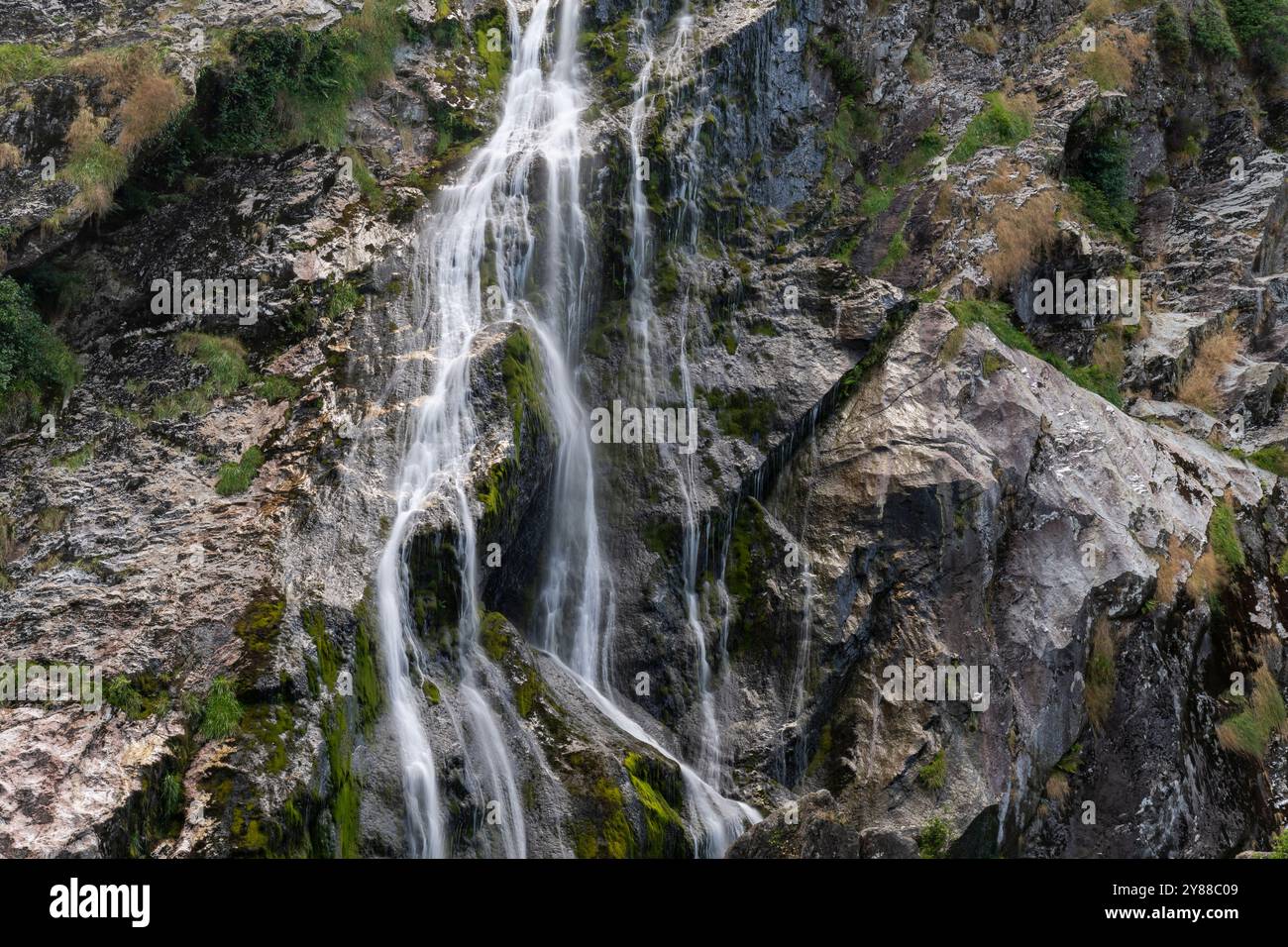 Gros plan de la cascade de Powerscourt à Wicklow, en Irlande – de l'eau coule sur des rochers couverts de mousse Banque D'Images