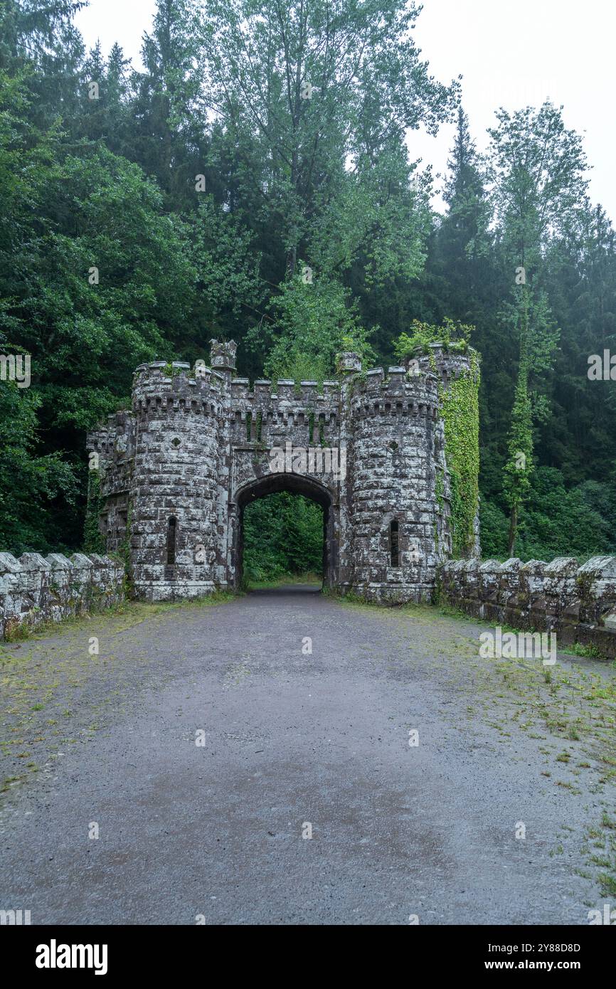 Tours abandonnées de Ballysaggartmore entourées de forêts brumeuses à Lismore, Irlande – architecture historique dans un paysage irlandais mystique Banque D'Images