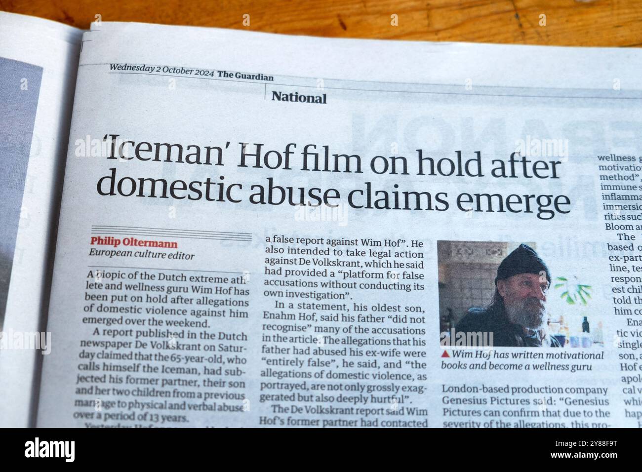 Le film « Iceman » Hof est suspendu après l'émergence de plaintes pour abus domestiques » article titre du journal Guardian 2nd October 2024 Royaume-Uni Banque D'Images