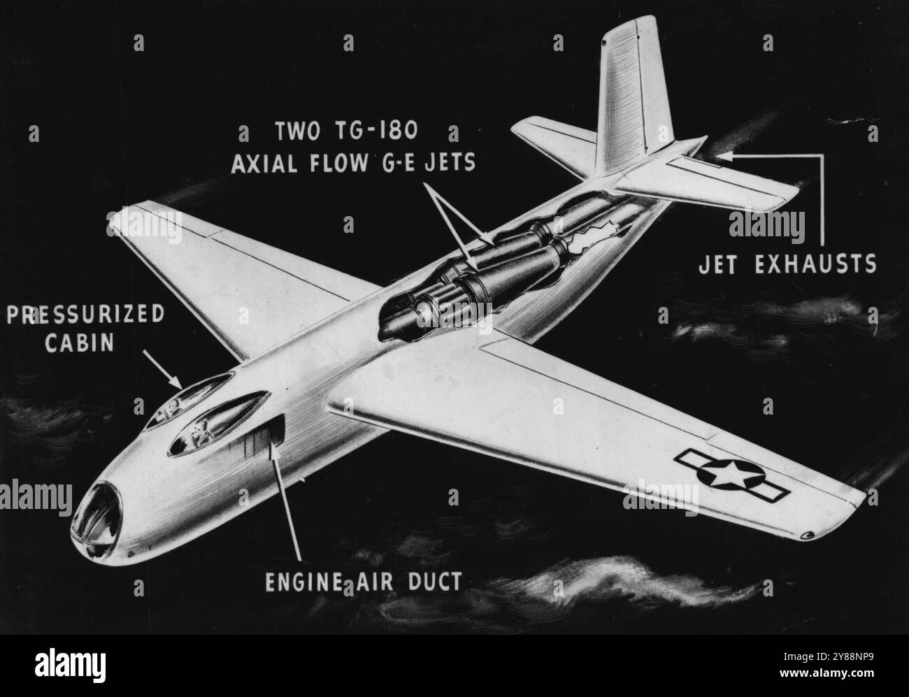 Cette vue en coupe du premier bombardier à réaction au monde, le XB-43 de l'Army Air Forces, révèle comment les moteurs à réaction en forme de torpille Snugiy s'insèrent dans le fuselage. L'avion a effectué son premier vol d'essai en mai dernier à Muroc Field, Calif. Construit par le Douglas Aircraft Co., le bombardier est propulsé par deux moteurs à réaction axial-Flow General Electric, qui devraient conduire l'avion à plus de 500 milles à l'heure. Le bombardier est légèrement plus lourd que l'A-26 Invader de l'AAF. 19 octobre 1946. Banque D'Images
