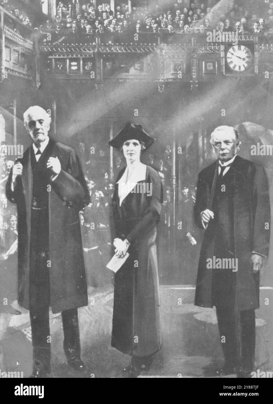 Lady Astor, députée introduite par Lord (alors Mr.) Balfour et Mr. Lloyd George dans la maison des communs. 24 juillet 1931. Banque D'Images