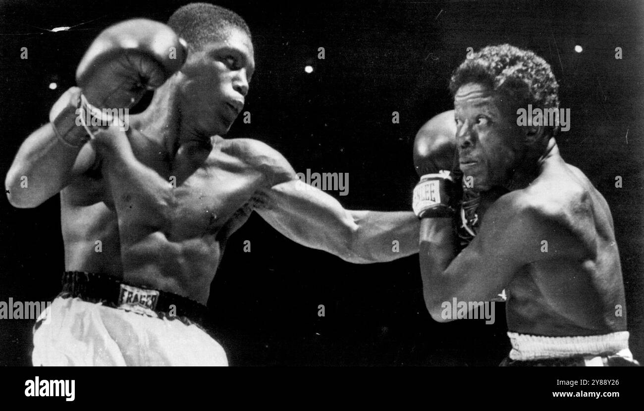 Here It Comes - Virgill Akins (à droite), Louis semble peiné alors que Johnny Saxton, Brooklyn, N.Y., se prépare à lâcher prise avec une droite lors de leur combat de dix rondes poids-jambes au Chicago Stadium hier soir. Saxton qui a stupéfait et renversé au premier tour est revenu pour gagner une décision unanime. 31 juillet 1952. (Photo de AP Wirephoto). Banque D'Images