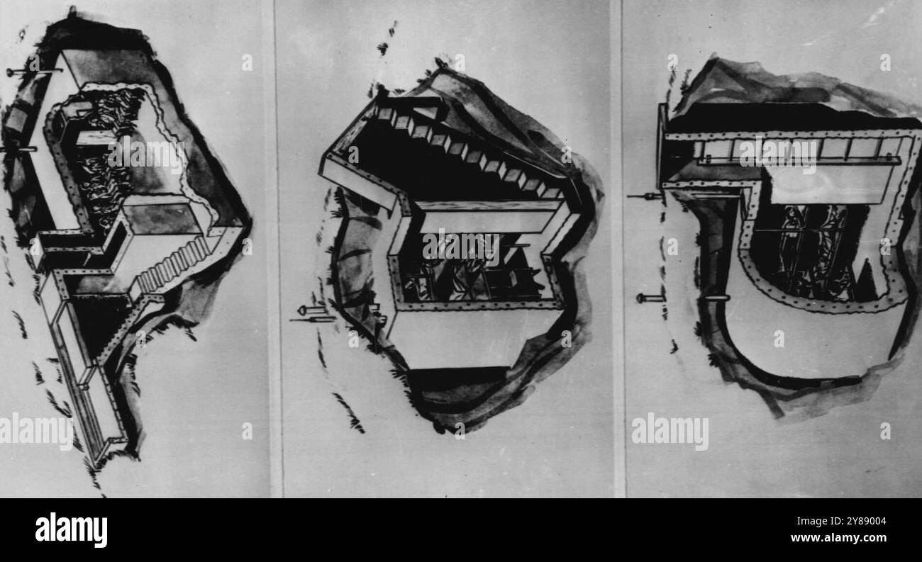Des façons de tricher la Bombe A -- ces plans d'abris domestiques et industriels pour protéger les Américains en cas d'attaque atomique ont été élaborés par l'Administration fédérale de la défense civile. L'abri robuste au sommet, pour accueillir 40 personnes, a un toit en béton armé de 21 pouces d'épaisseur. construit 4 pieds, 7 pouces sous terre. L'abri renforcé de la même manière au centre est offert pour l'occupation par 4 à 10 personnes. Pour les communautés rurales, un tuyau de passage de bétail habituellement utilisé pour permettre aux animaux de se déplacer sous une route ou une autoroute, est illustré au bas. Quatre personnes peuvent utiliser ce type d'abri. Septemb Banque D'Images